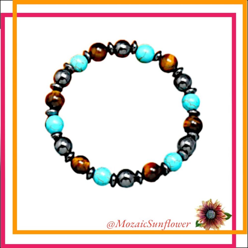 NEW UNISEX TURQUOISE HEMATITE TIGER EYE ADJUSTABLE ELSTAIC BRACELET